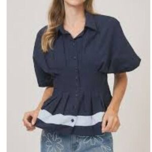 Umgee Navy Nautical Peplum Top Size Small Cotton Button Front Coastal